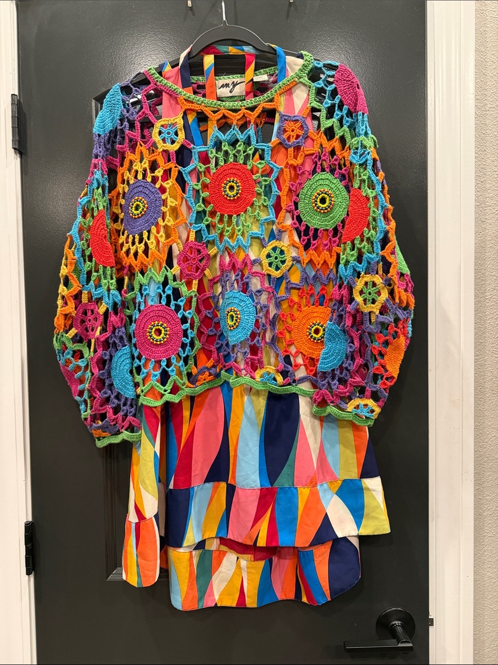 Vintage boho beaded crochet sweater by MY with a vintage Rubber Ducky dress